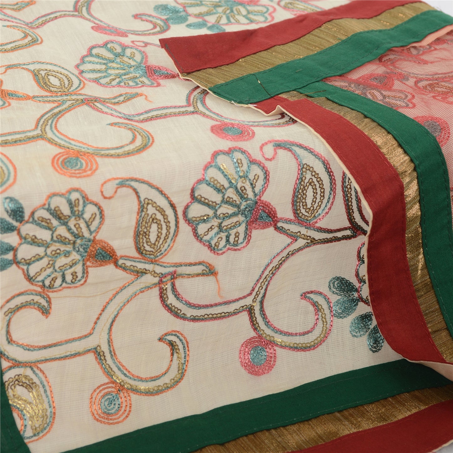 Sanskriti Vintage Cream/Dark Red Dupatta Long Stole Art Silk Embroidered Scarves