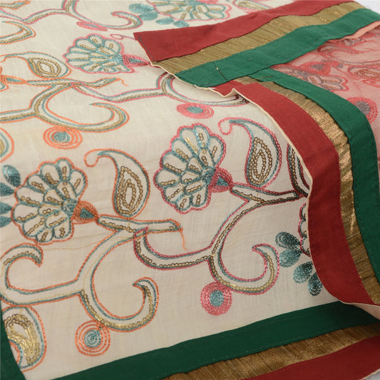 Sanskriti Vintage Cream/Dark Red Dupatta Long Stole Art Silk Embroidered Scarves