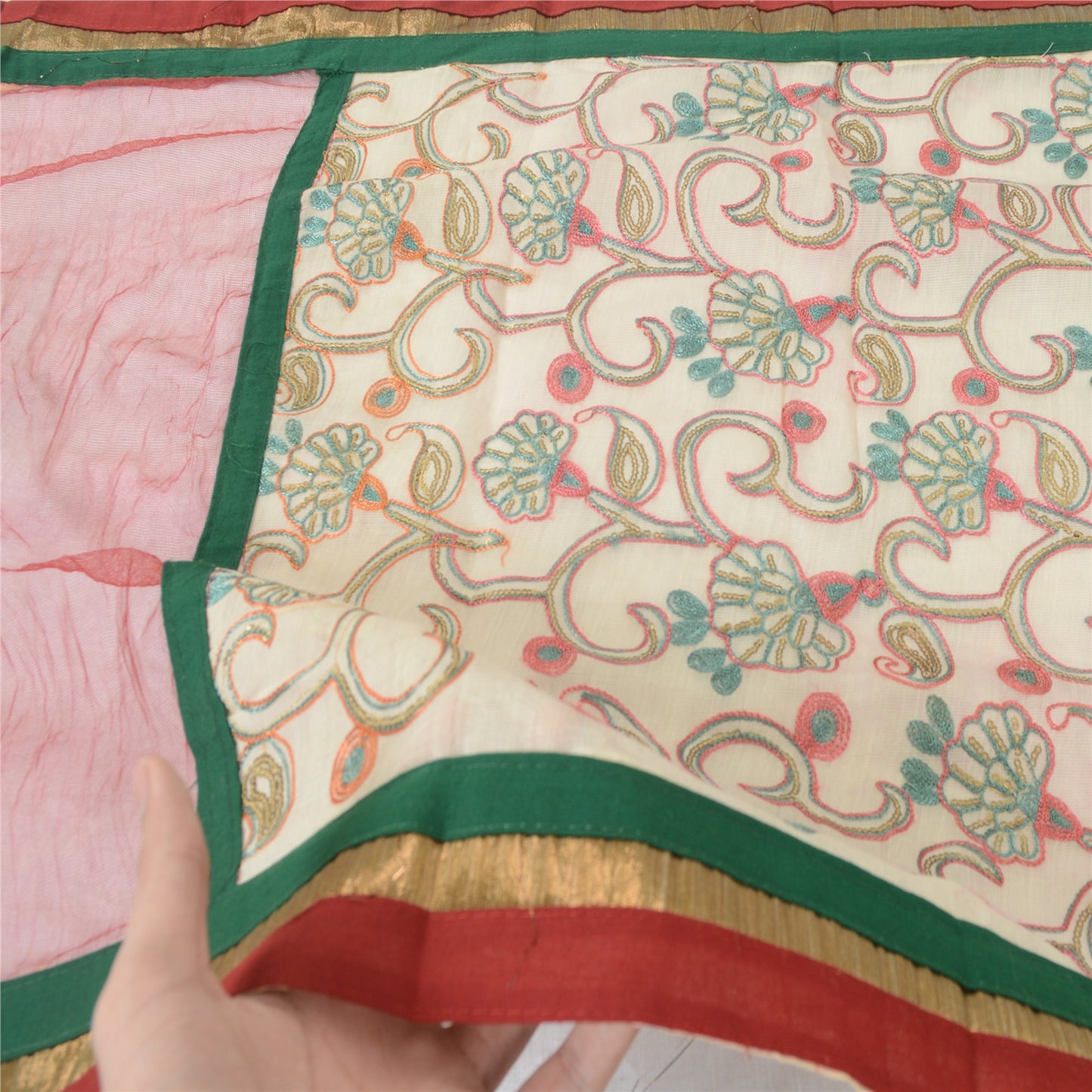 Sanskriti Vintage Cream/Dark Red Dupatta Long Stole Art Silk Embroidered Scarves