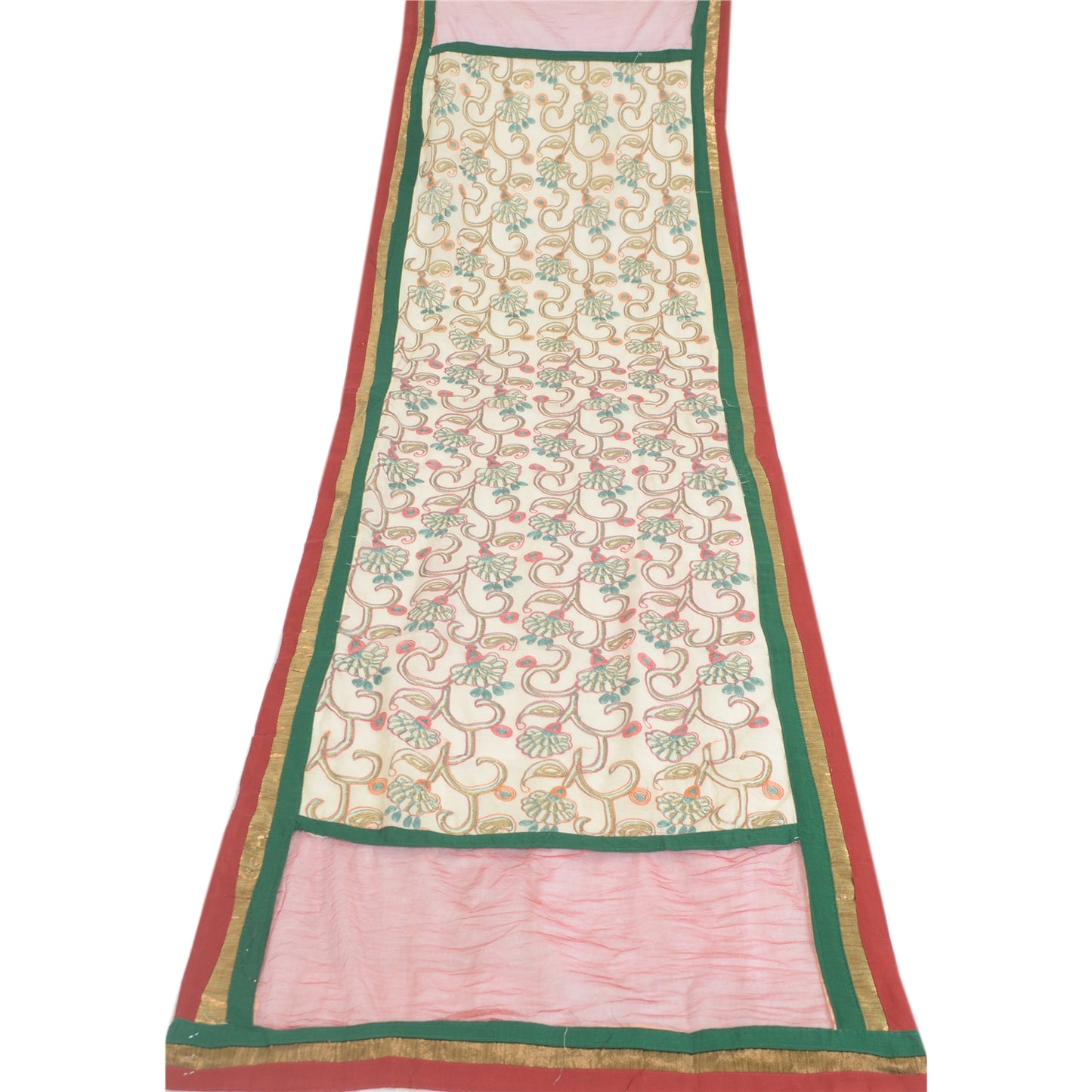 Sanskriti Vintage Cream/Dark Red Dupatta Long Stole Art Silk Embroidered Scarves