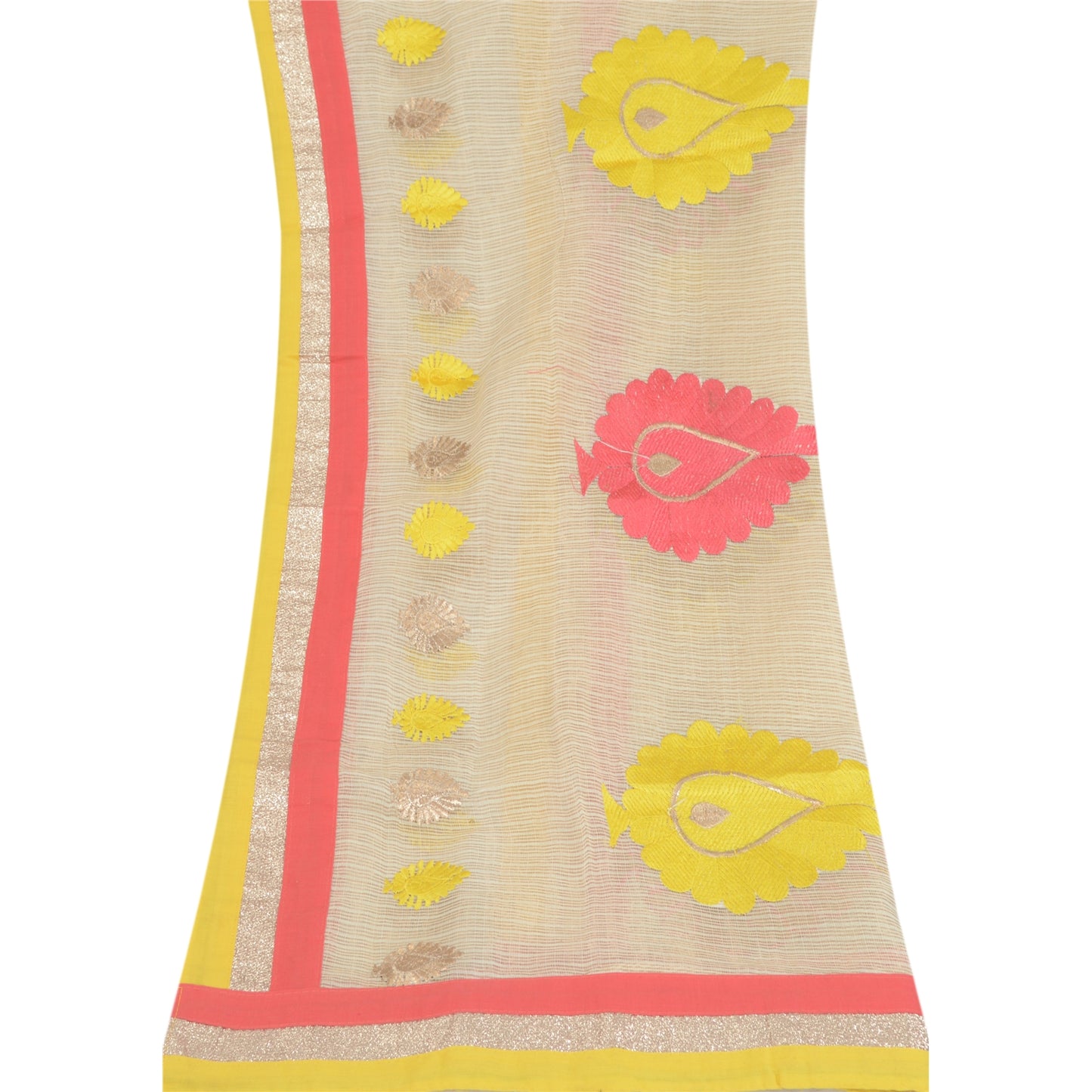 Sanskriti Vintage Cream Dupatta Long Pure Cotton Embroidered Thread Wrap For Crafting, Upcycling, or Even Wearing