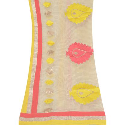 Sanskriti Vintage Cream Dupatta Long Pure Cotton Embroidered Thread Wrap For Crafting, Upcycling, or Even Wearing