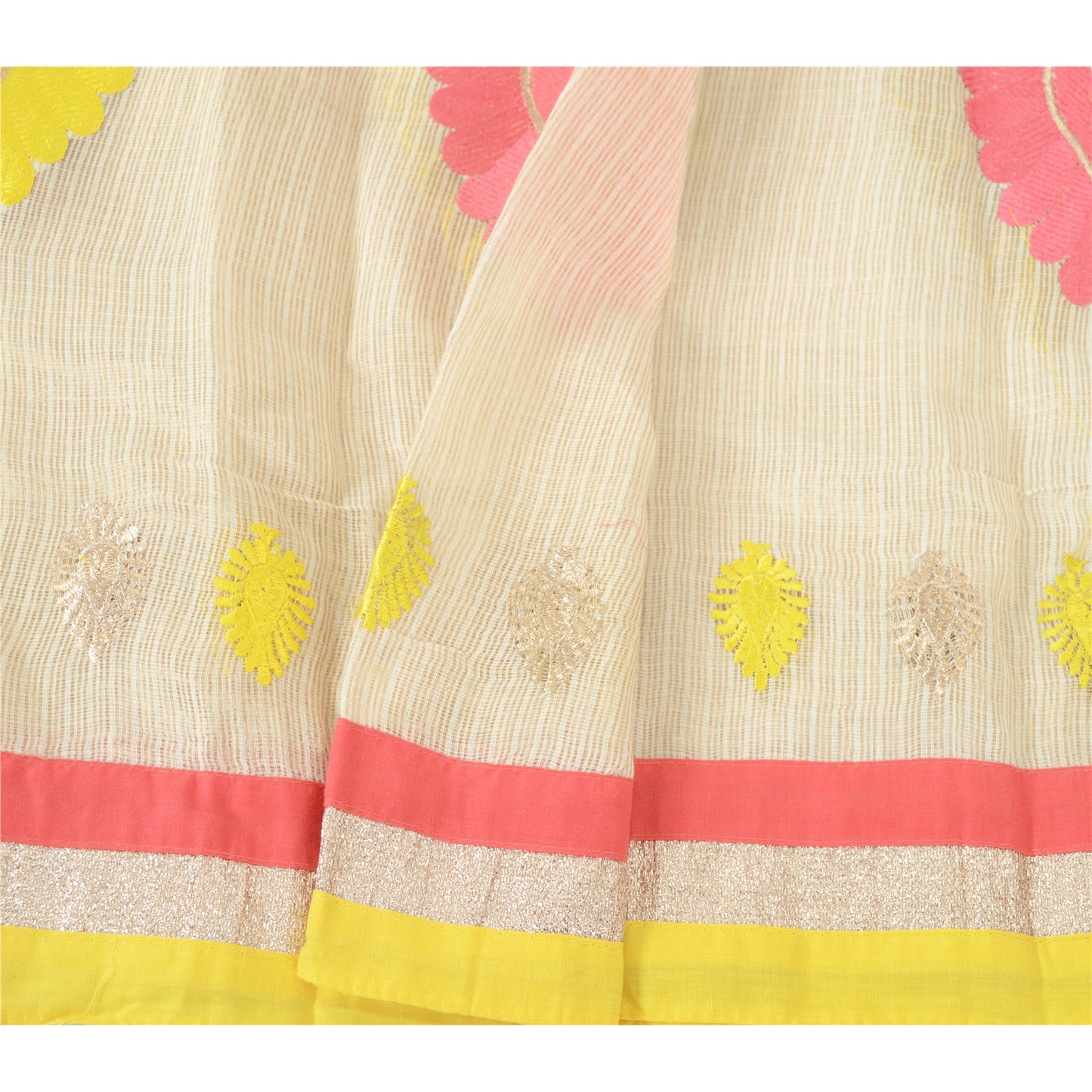 Sanskriti Vintage Cream Dupatta Long Pure Cotton Embroidered Thread Wrap For Crafting, Upcycling, or Even Wearing
