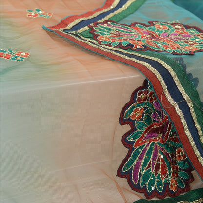 Sanskriti Vintage Dupatta Long Net Mesh Green/Brown Embroidered Wrap Veil Bohemian Fabric For Dressmaking,Craft Supplies, Decor,