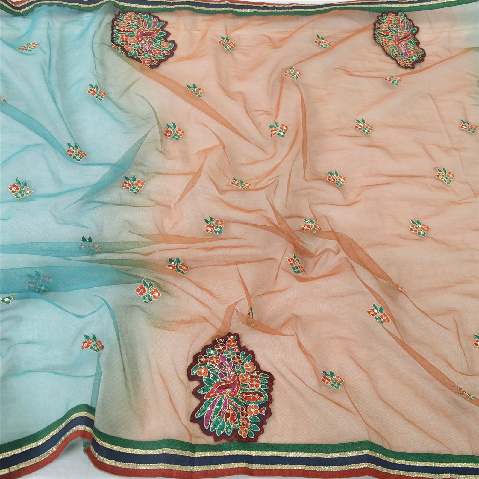 Sanskriti Vintage Dupatta Long Stole Net Mesh Green/Brown Embroidered Wrap Veil