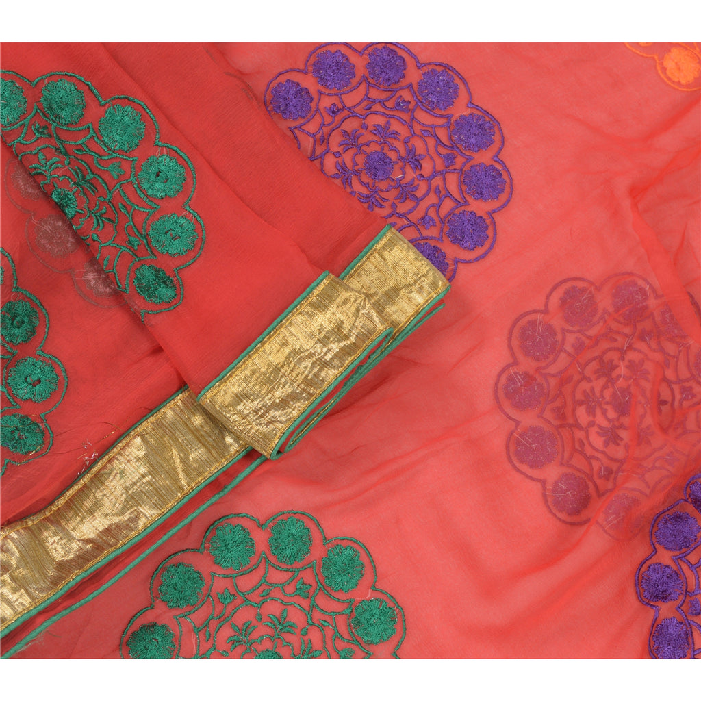 Sanskriti Vintage Red Dupatta Long Stole Pure Chiffon Silk Embroidered Scarves