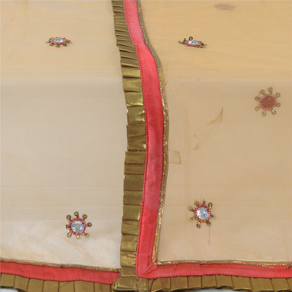 Sanskriti Vintage Dupatta Long Stole Net Mesh Peach Hand Beaded Patch Work