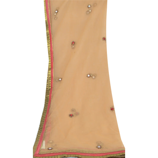 Sanskriti Vintage Dupatta Long Stole Net Mesh Peach Hand Beaded Patch Work