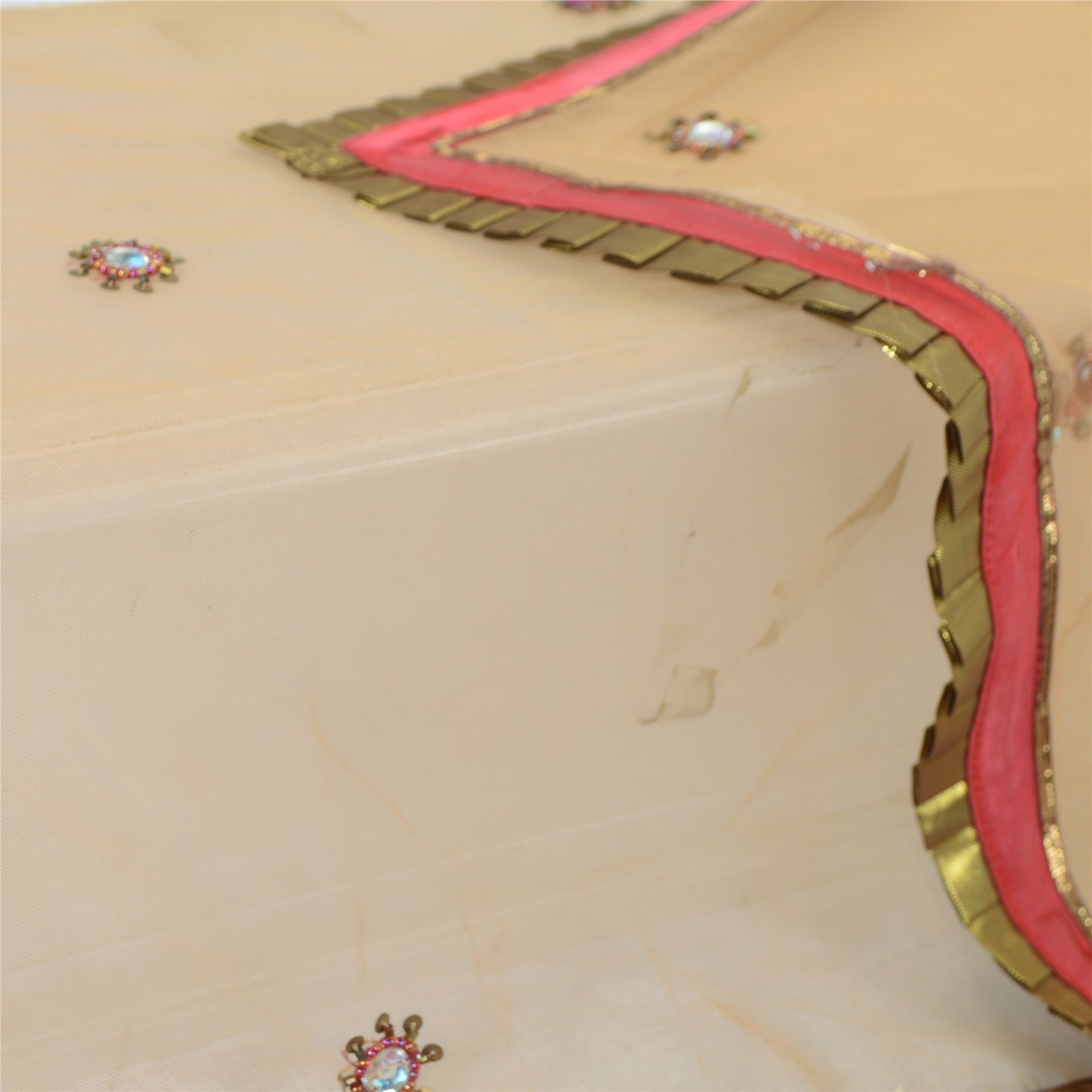 Sanskriti Vintage Dupatta Long Stole Net Mesh Peach Hand Beaded Patch Work