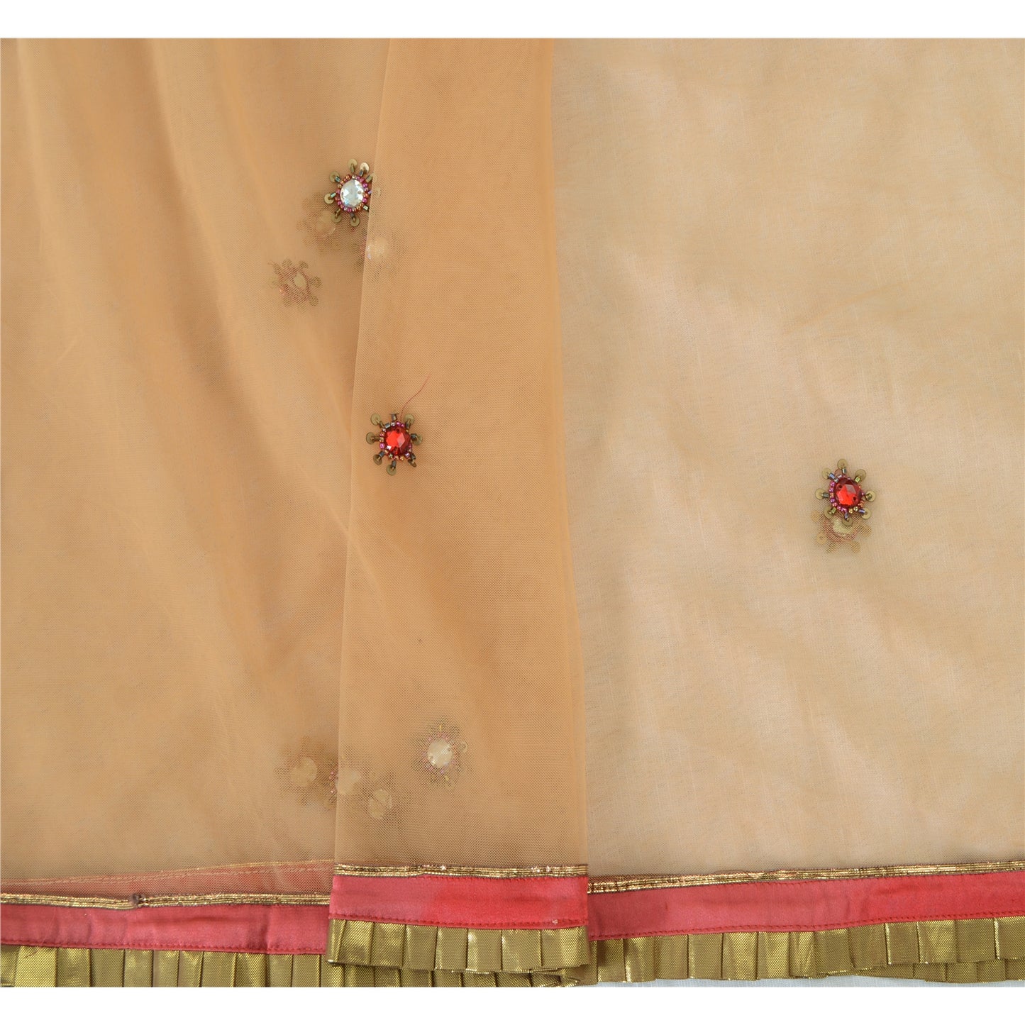 Sanskriti Vintage Dupatta Long Stole Net Mesh Peach Hand Beaded Patch Work