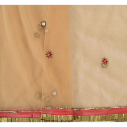 Sanskriti Vintage Dupatta Long Stole Net Mesh Peach Hand Beaded Patch Work