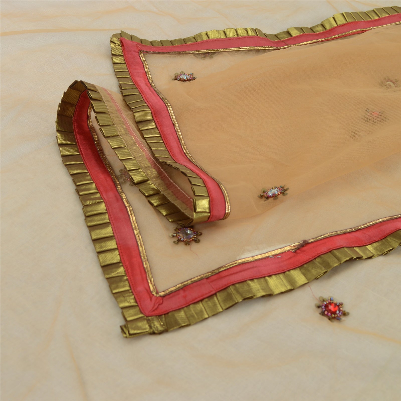 Sanskriti Vintage Dupatta Long Scarf Net Mesh Peach Hand Beaded Sequins Rhinestone Patch Work Ecofriendly Craft Supply,Used Neckscarf