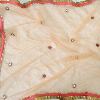 Sanskriti Vintage Dupatta Long Stole Net Mesh Peach Hand Beaded Patch Work