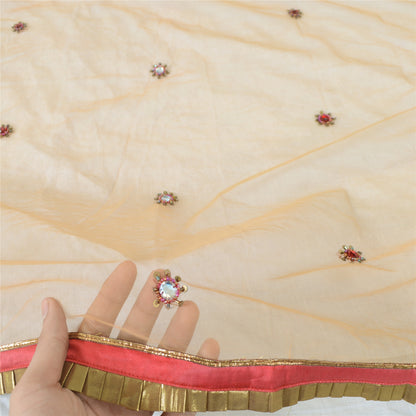 Sanskriti Vintage Dupatta Long Stole Net Mesh Peach Hand Beaded Patch Work