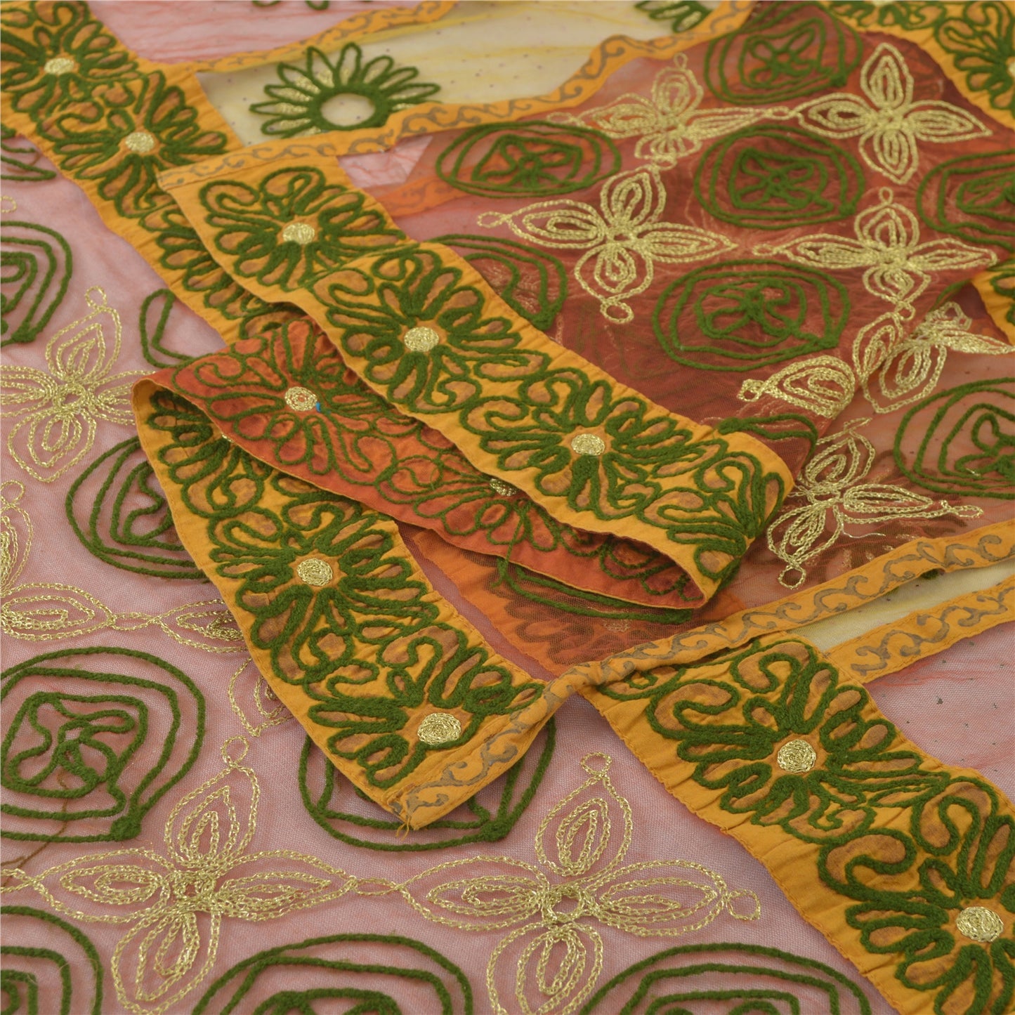 Sanskriti Vintage Indian Dupatta Long Stole Net Mesh Red Hand Embroidered Hijab