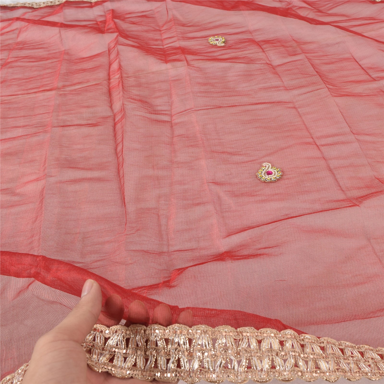 Sanskriti Vintage Dark Red Net Mesh Dupatta Long Stole Antique Hand Embroidered Dabka Rhinestone Wrap Scarves Scarf Veil Neck/Headscarf