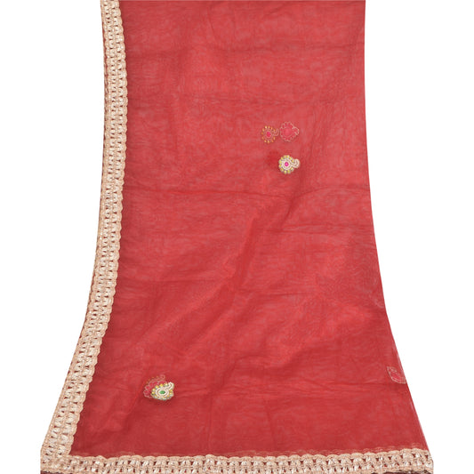 Sanskriti Vintage Dark Red Dupatta Long Stole Net Mesh Hand Beaded Wrap Scarves