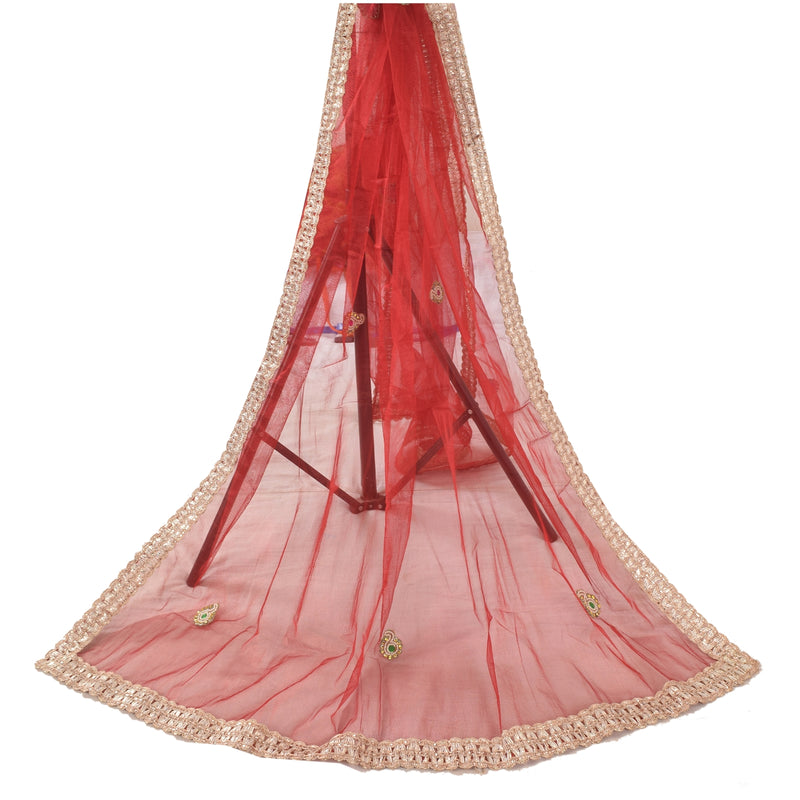 Sanskriti Vintage Dark Red Net Mesh Dupatta Long Stole Antique Hand Embroidered Dabka Rhinestone Wrap  Veil Neck/Headscarf