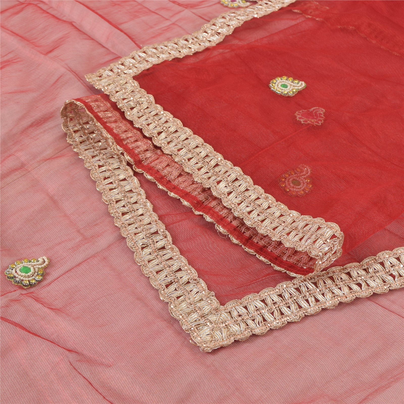 Sanskriti Vintage Dark Red Net Mesh Dupatta Long Stole Antique Hand Embroidered Dabka Rhinestone Wrap Scarves Scarf Veil Neck/Headscarf