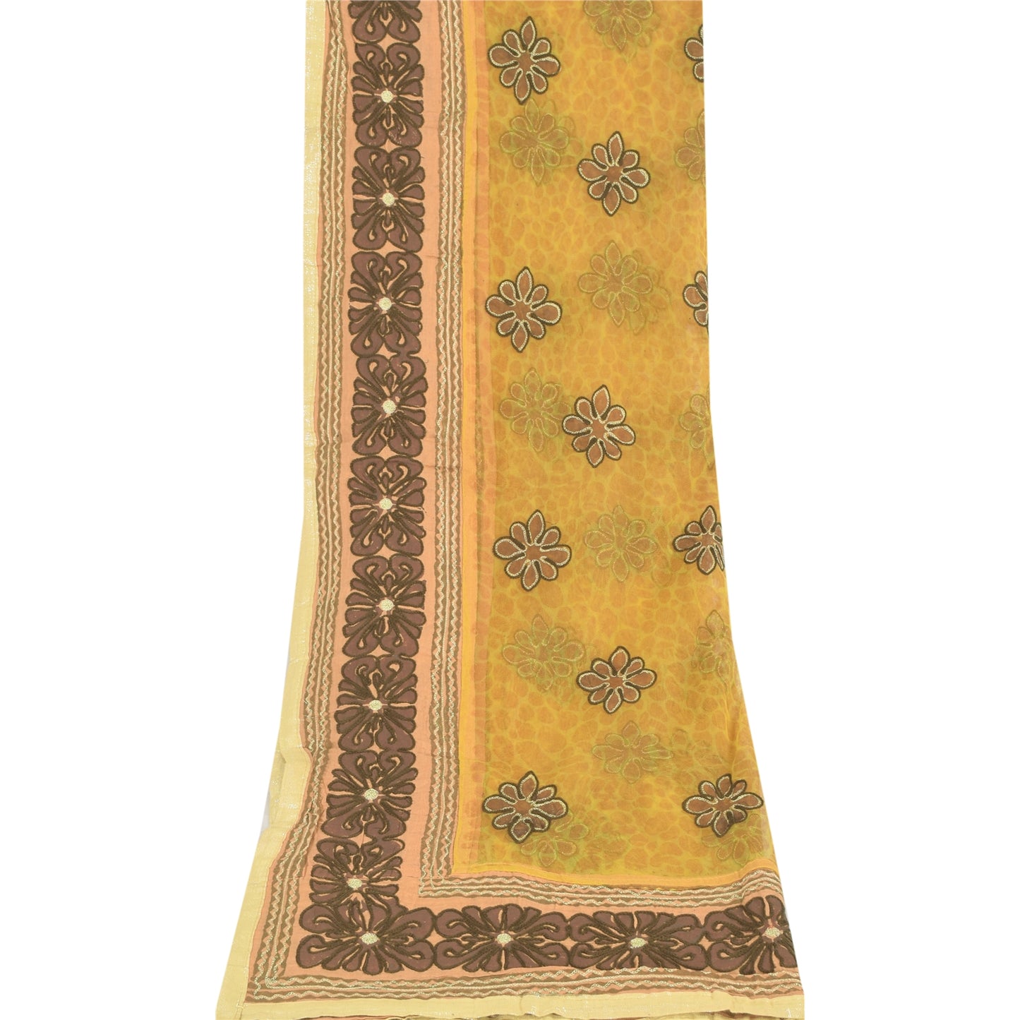 Sanskriti Vintage Mustard Dupatta Long Stole Net Mesh Hand Embroidered Wrap Veil