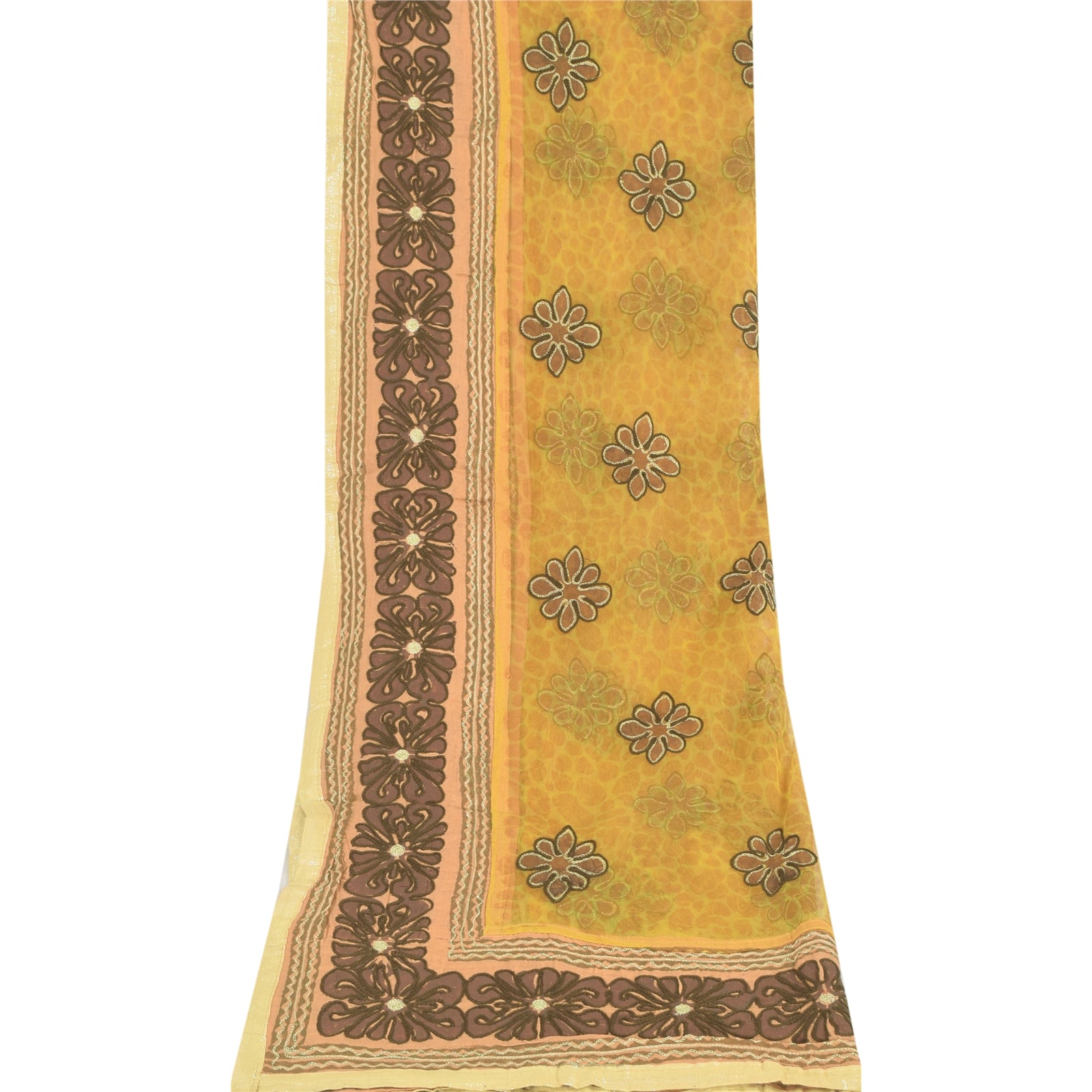 Sanskriti Vintage Mustard Dupatta Long Scarf Net Mesh Hand Embroidered Veil Design- Dresses, Kaftans, Skirts, or Blouses Craft Supplie