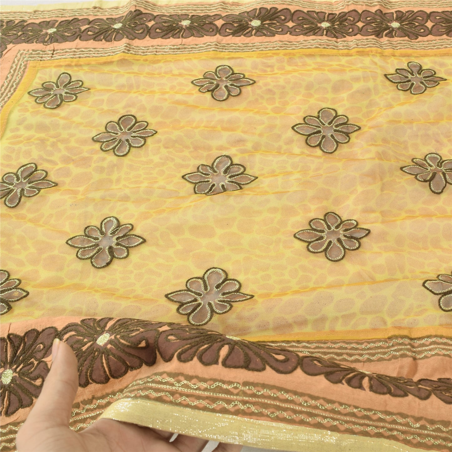 Sanskriti Vintage Mustard Dupatta Long Stole Net Mesh Hand Embroidered Wrap Veil