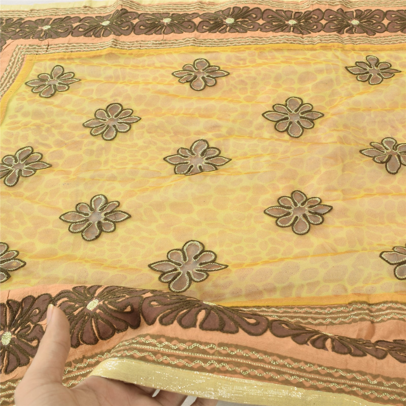 Sanskriti Vintage Mustard Dupatta Long Scarf Net Mesh Hand Embroidered Veil Design- Dresses, Kaftans, Skirts, or Blouses Craft Supplie