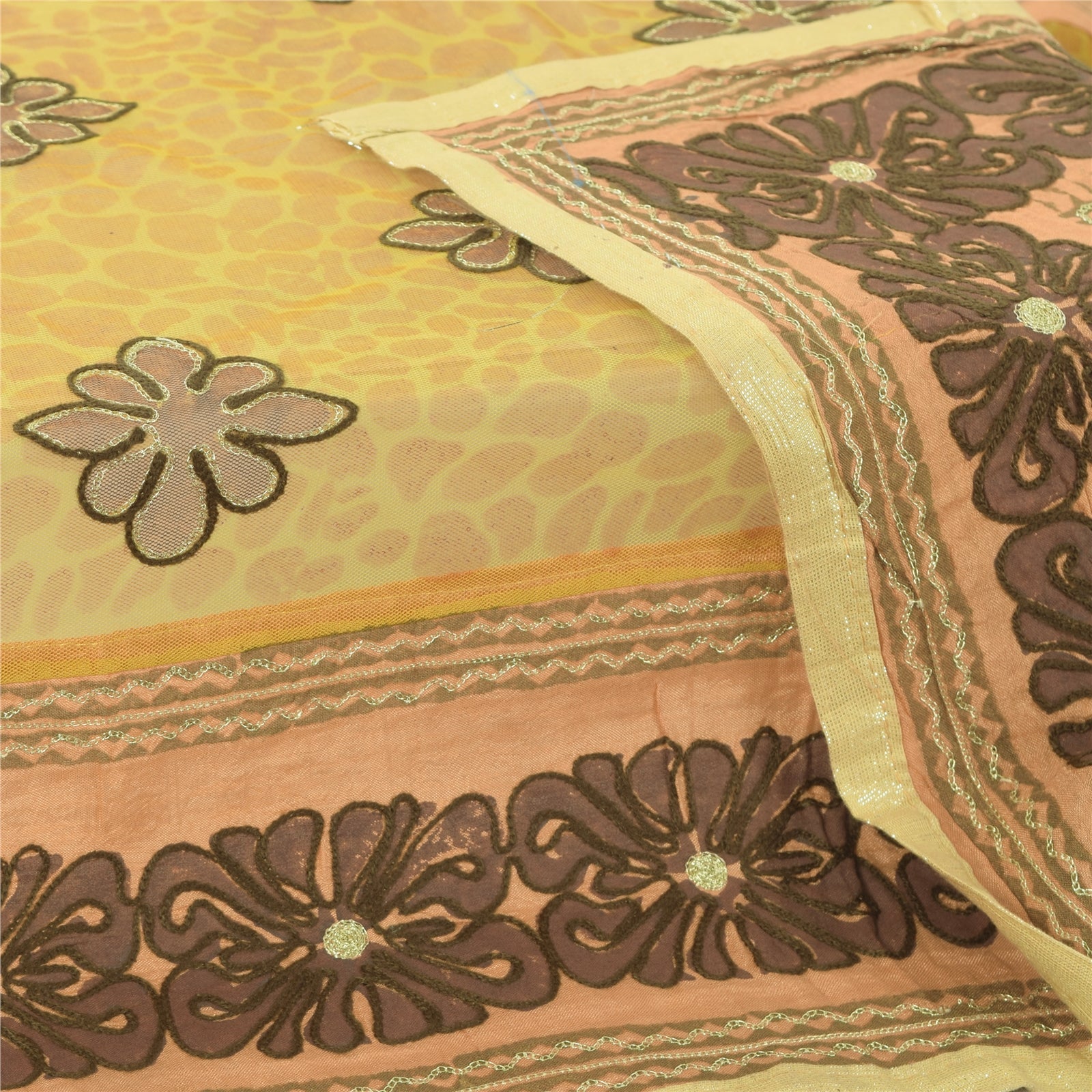 Sanskriti Vintage Mustard Dupatta Long Scarf Net Mesh Hand Embroidered Veil Design- Dresses, Kaftans, Skirts, or Blouses Craft Supplie