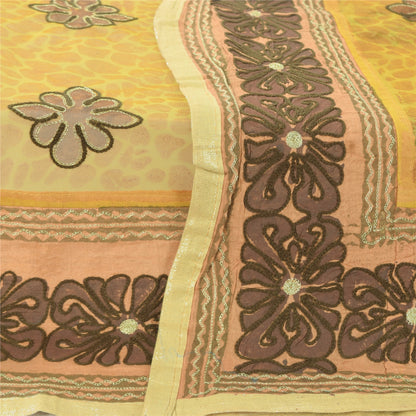 Sanskriti Vintage Mustard Dupatta Long Stole Net Mesh Hand Embroidered Wrap Veil