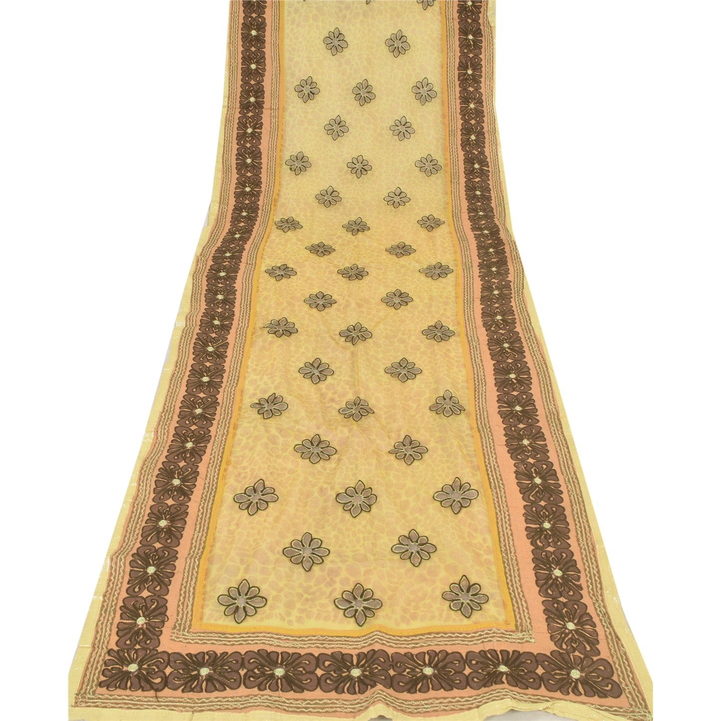 Sanskriti Vintage Mustard Dupatta Long Stole Net Mesh Hand Embroidered Wrap Veil
