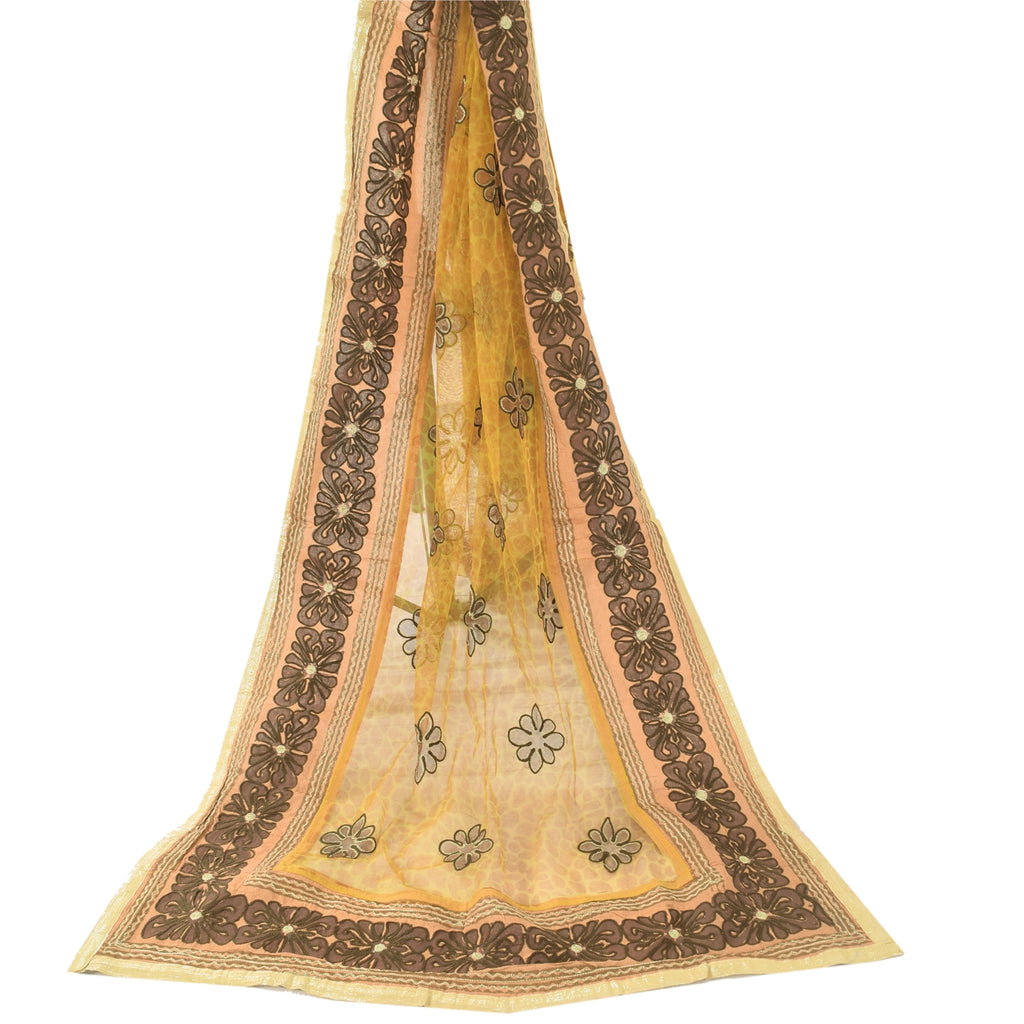 Sanskriti Vintage Mustard Dupatta Long Scarf Net Mesh Hand Embroidered Veil Design- Dresses, Kaftans, Skirts, or Blouses Craft Supplie