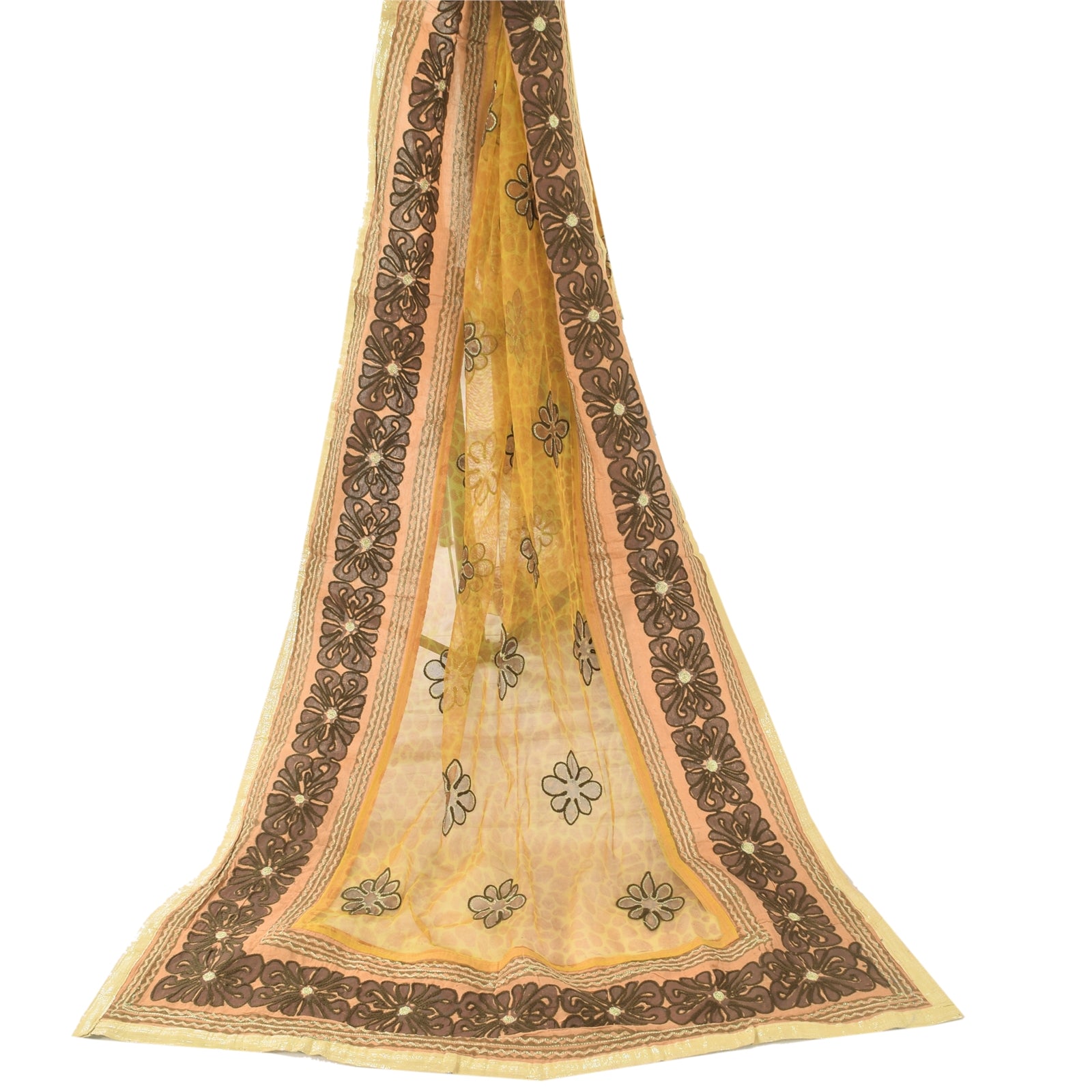 Sanskriti Vintage Mustard Dupatta Long Scarf Net Mesh Hand Embroidered Veil Design- Dresses, Kaftans, Skirts, or Blouses Craft Supplie