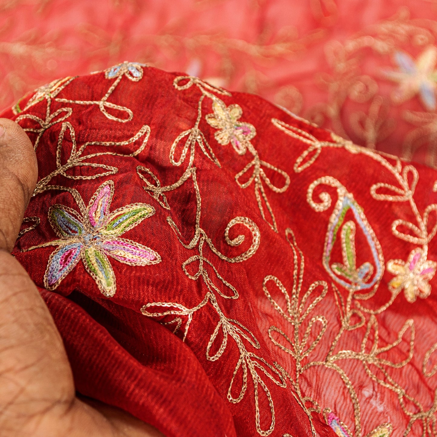 Sanskriti Vintage Red Chiffon Dupatta Aari Embroidery Zari Stole Wrap Hijab Veil