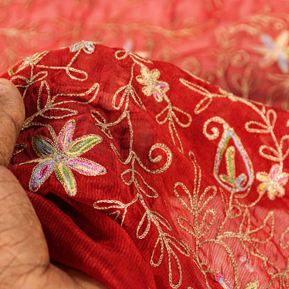 Sanskriti Vintage Red Chiffon Dupatta Aari Embroidery Zari Stole Wrap Hijab Veil