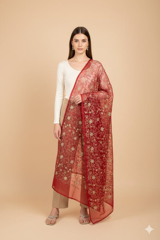 Sanskriti Vintage Red Chiffon Dupatta Aari Embroidery Zari Stole Wrap Hijab Veil