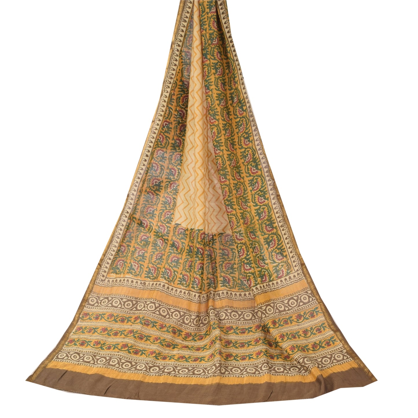 Sanskriti Vintage Block Printed Cotton Dupatta: Cream & Green Floral Stole Bohemian Fabric For Dressmaking,Craft Supplies Decor used headStole