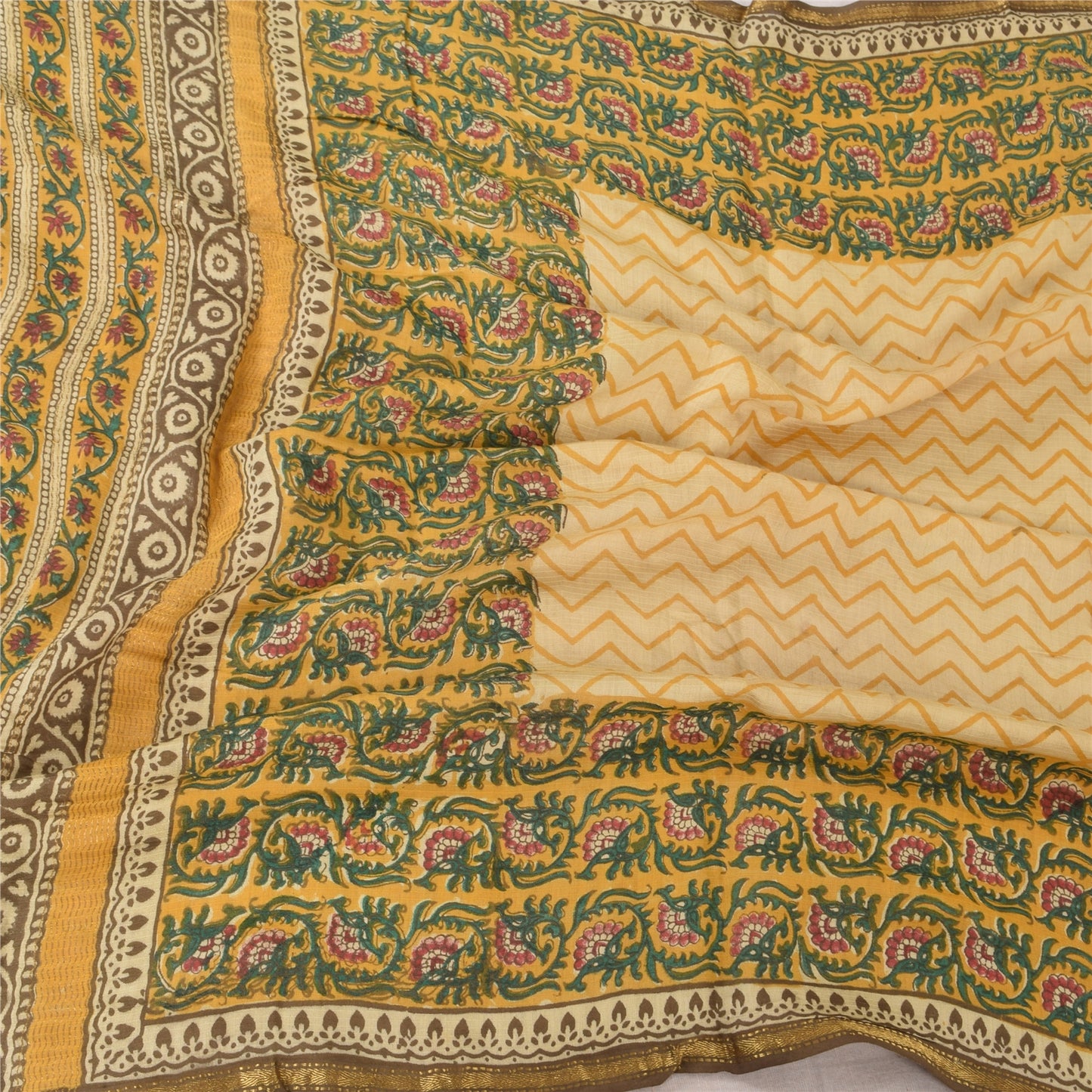 Sanskriti Vintage Block Printed Cotton Dupatta: Cream & Green Floral Stole Bohemian Fabric For Dressmaking,Craft Supplies Decor used headStole