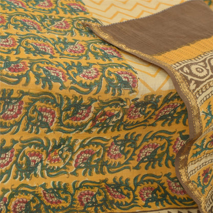 Sanskriti Vintage Block Printed Cotton Dupatta: Cream & Green Floral Stole Bohemian Fabric For Dressmaking,Craft Supplies Decor used headStole