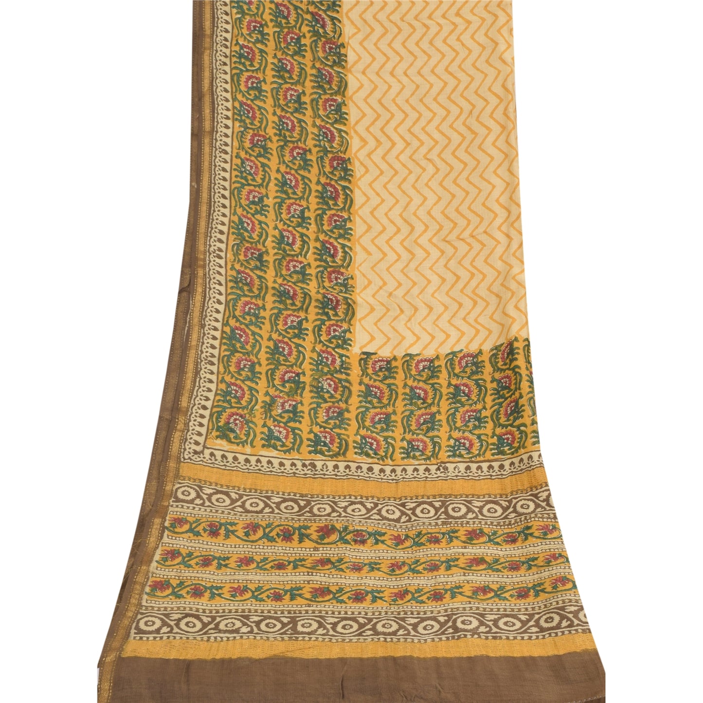 Sanskriti Vintage Block Printed Cotton Dupatta: Cream & Green Floral Stole Bohemian Fabric For Dressmaking,Craft Supplies Decor used headStole
