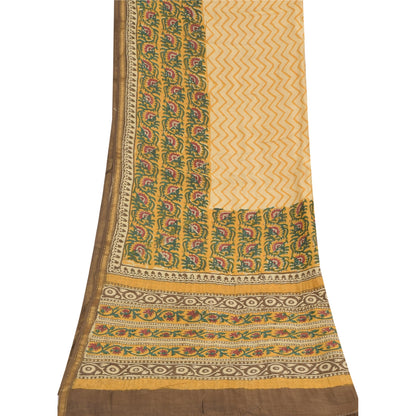 Sanskriti Vintage Block Printed Cotton Dupatta: Cream & Green Floral Stole Bohemian Fabric For Dressmaking,Craft Supplies Decor used headStole