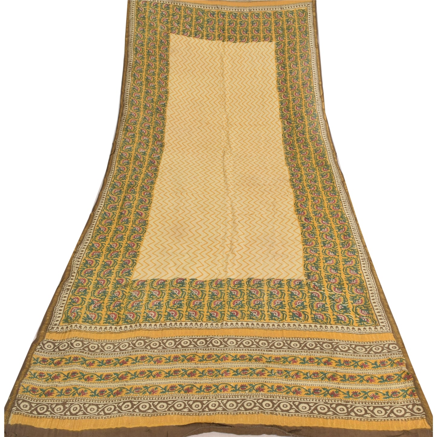 Sanskriti Vintage Block Printed Cotton Dupatta: Cream & Green Floral Stole Bohemian Fabric For Dressmaking,Craft Supplies Decor used headStole