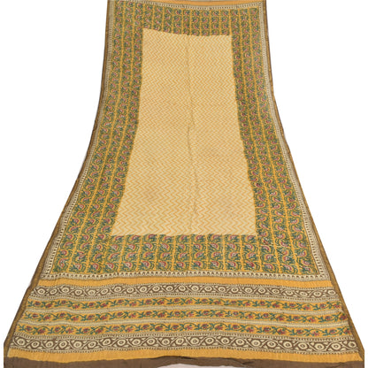 Sanskriti Vintage Block Printed Cotton Dupatta: Cream & Green Floral Stole Bohemian Fabric For Dressmaking,Craft Supplies Decor used headStole