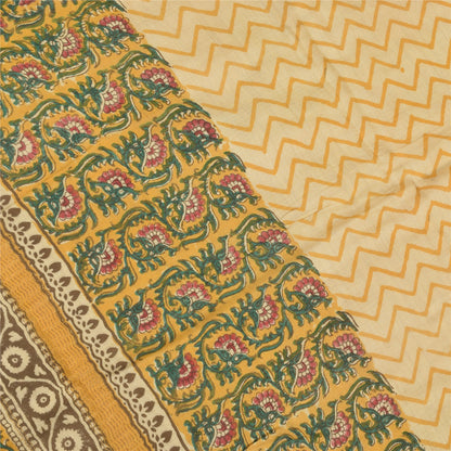 Sanskriti Vintage Block Printed Cotton Dupatta: Cream & Green Floral Stole Bohemian Fabric For Dressmaking,Craft Supplies Decor used headStole