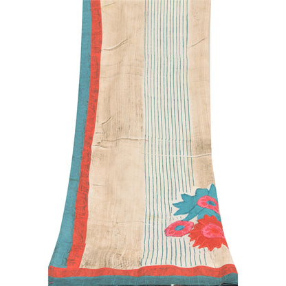 Sanskriti Vintage Ivory Dupatta Long Stole Art Silk Embroidered Printed Scarves