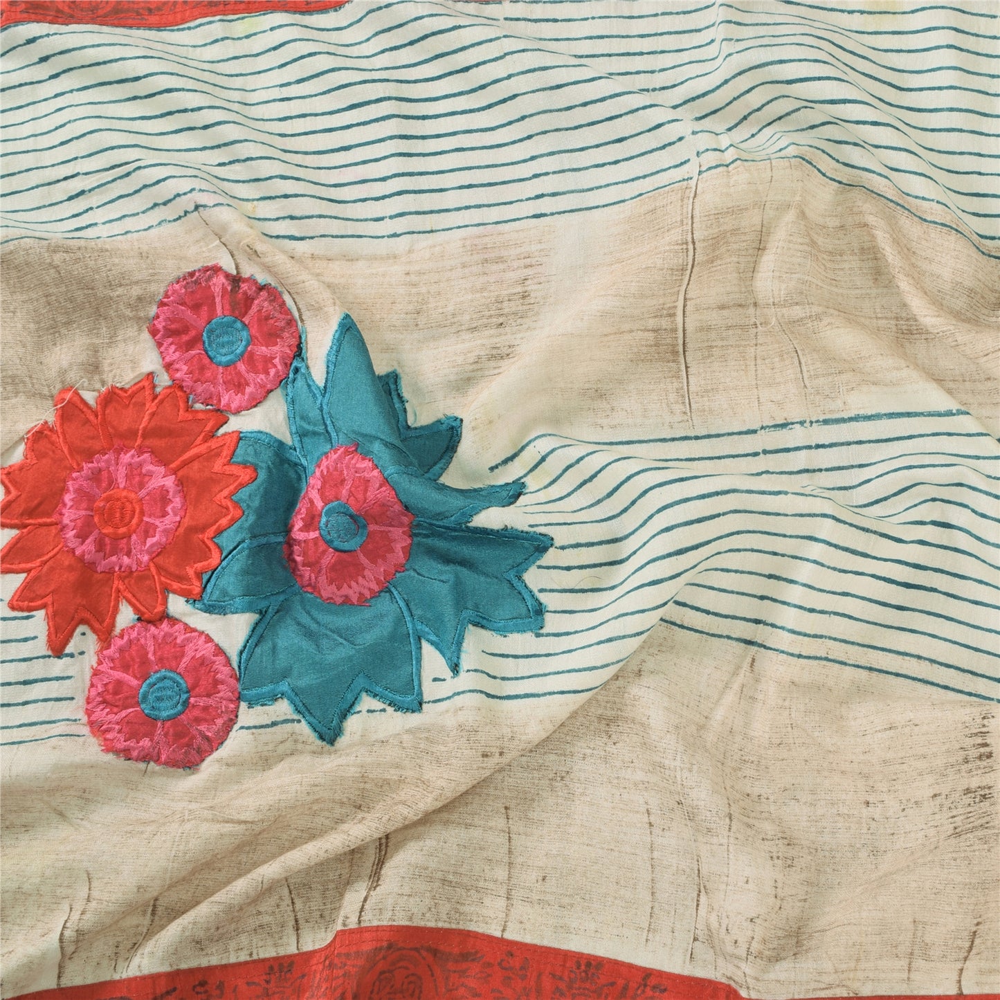 Sanskriti Vintage Ivory Dupatta Long Stole Art Silk Embroidered Printed Scarves