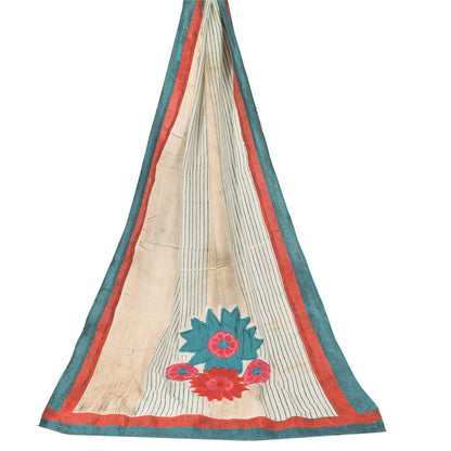 Sanskriti Vintage Ivory Dupatta Long Stole Art Silk Embroidered Printed Scarves