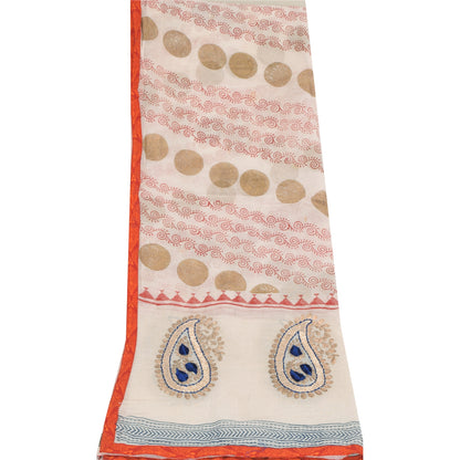 Sanskriti Vintage Off White Dupatta Long Stole Pure Cotton Embroidered Wrap Veil