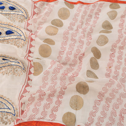 Sanskriti Vintage Off White Dupatta Long Stole Pure Cotton Embroidered Wrap Veil