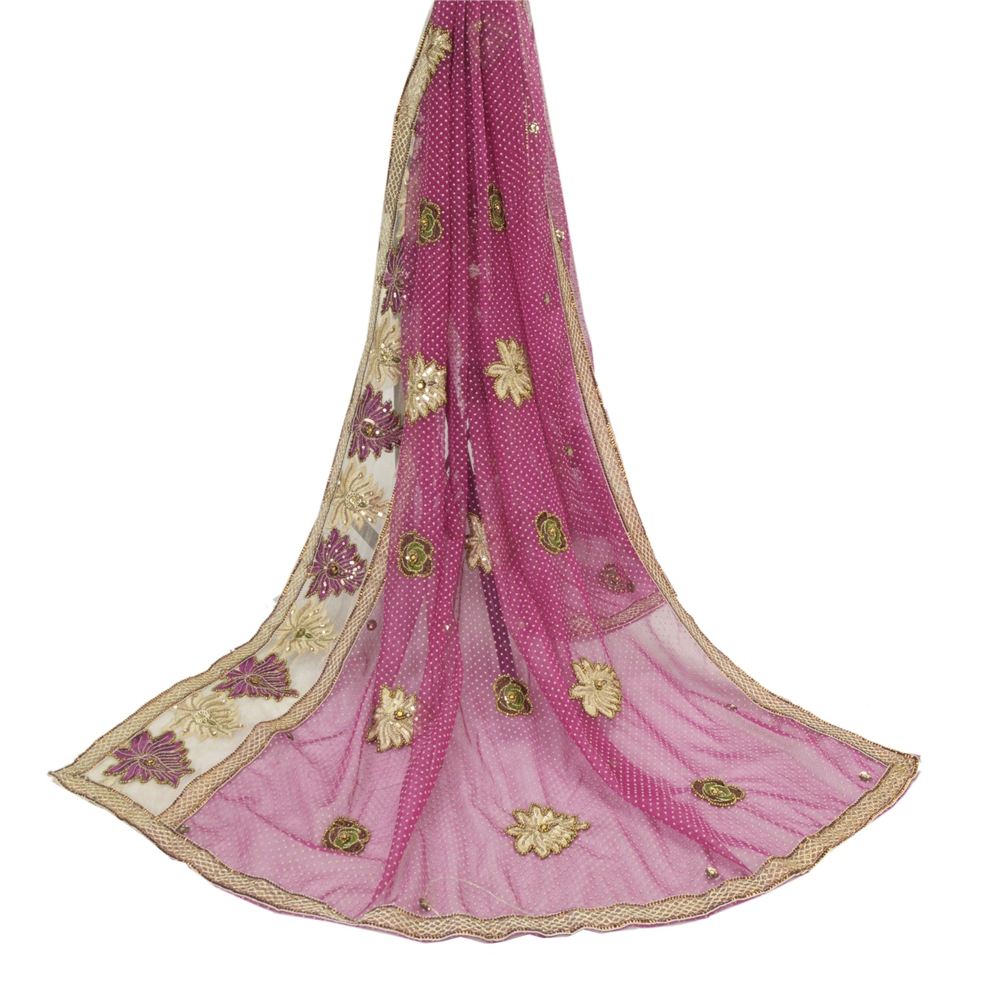Sanskriti Vintage Pink Dupatta Long Stole Net Mesh Hand Beaded Mukeish Work Veil