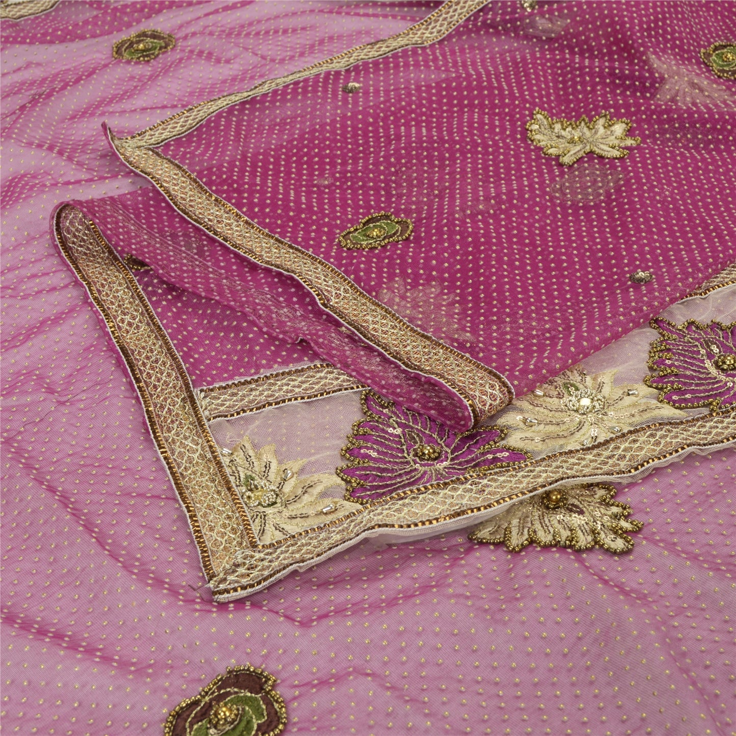 Sanskriti Vintage Pink Dupatta Long Stole Net Mesh Hand Beaded Mukeish Work Veil